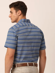 Indian Needle Men's Cotton Striped Half Sleeve Formal Shirts-SF-816Blue