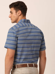 Indian Needle Men's Cotton Striped Half Sleeve Formal Shirts-SF-816Blue