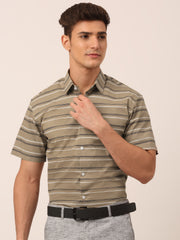 Indian Needle Men's Cotton Striped Half Sleeve Formal Shirts-SF-816Brown