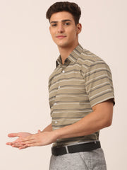 Indian Needle Men's Cotton Striped Half Sleeve Formal Shirts-SF-816Brown