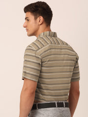 Indian Needle Men's Cotton Striped Half Sleeve Formal Shirts-SF-816Brown
