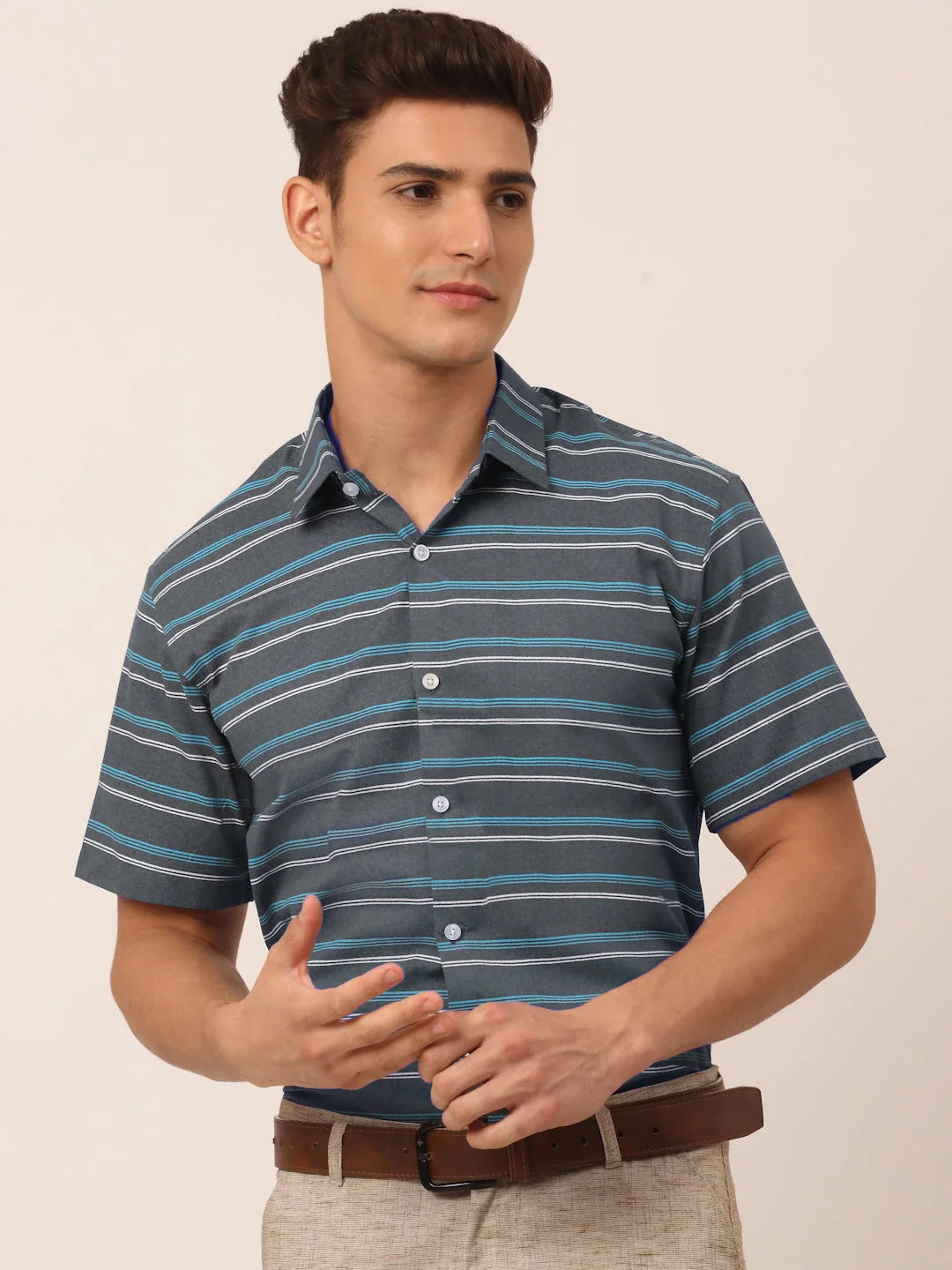 Grey Striped Cotton Shirt - Mens Formal Shirts Indian Needle