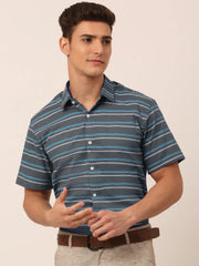 Indian Needle Men's Cotton Striped Half Sleeve Formal Shirts-SF-816Grey