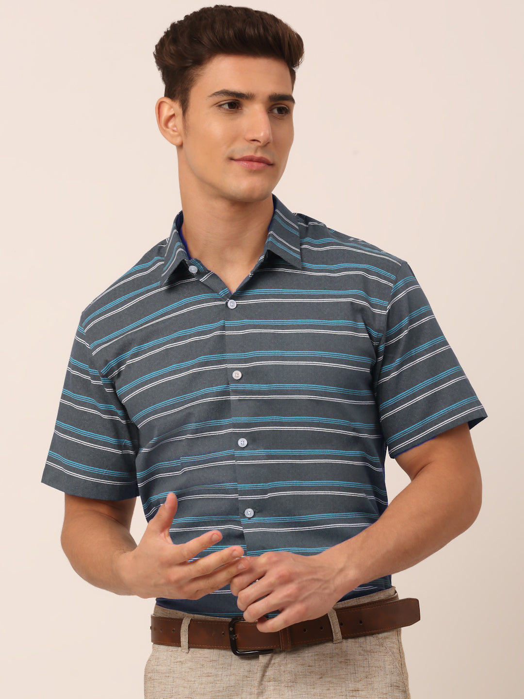 Indian Needle Men's Cotton Striped Half Sleeve Formal Shirts-SF-816Grey