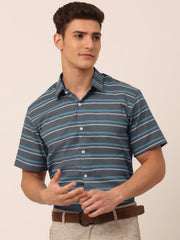 Indian Needle Men's Cotton Striped Half Sleeve Formal Shirts-SF-816Grey