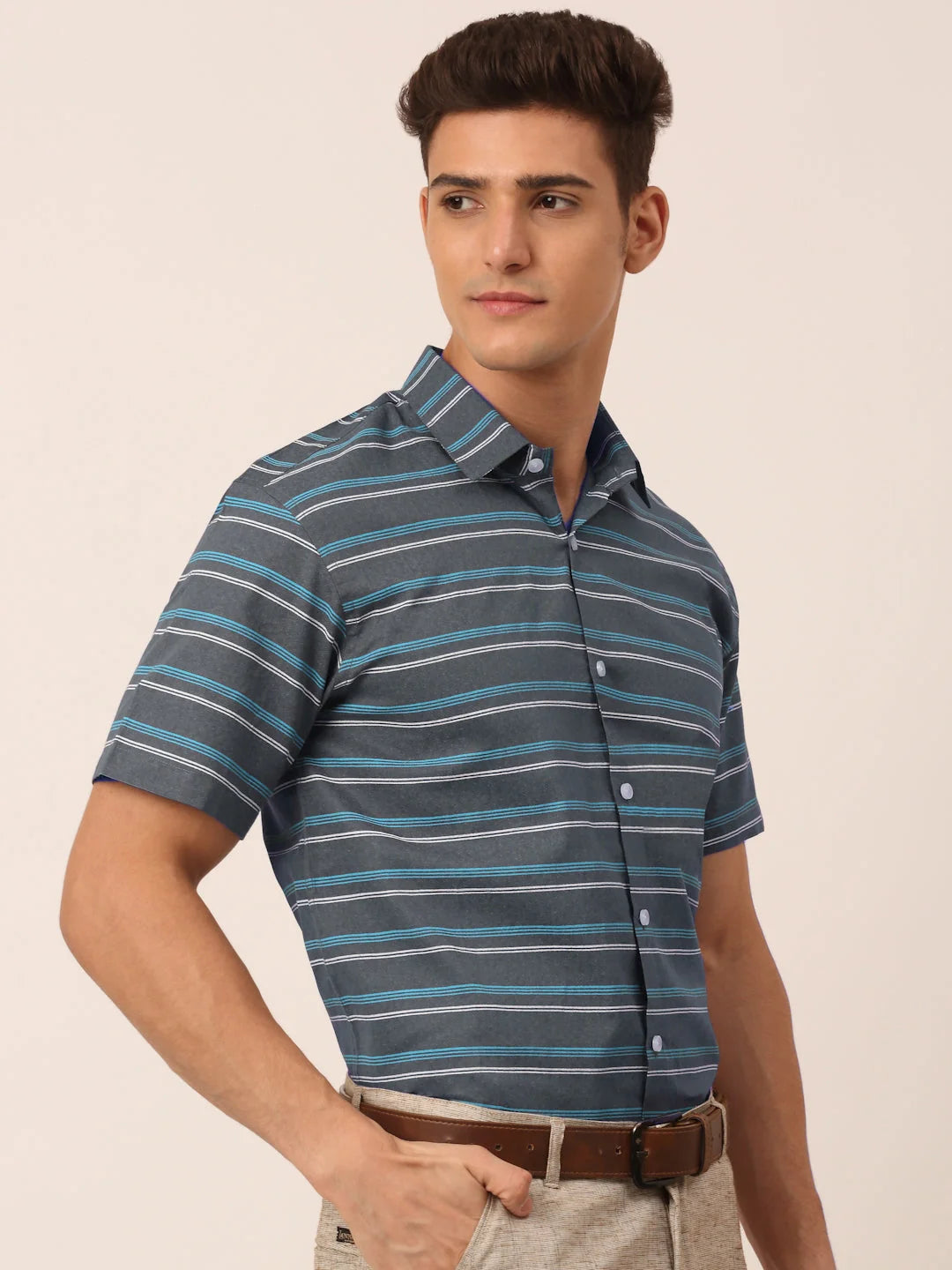 Grey Striped Cotton Shirt - Mens Formal Shirts Indian Needle