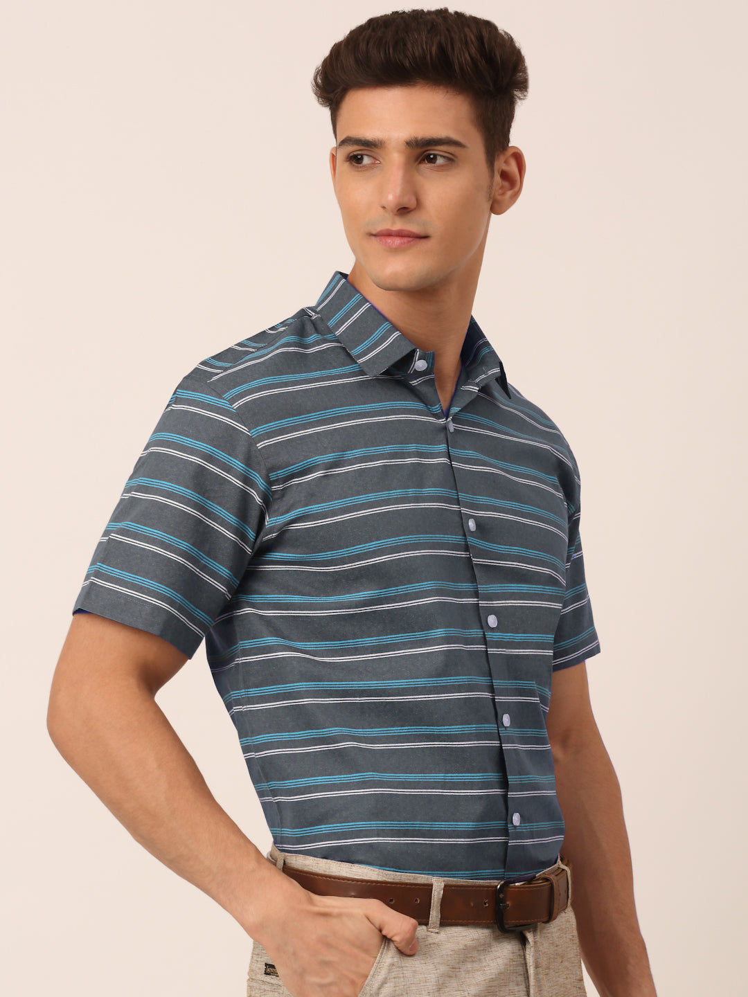 Grey Striped Cotton Shirt - Mens Formal Shirts Indian Needle