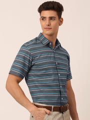 Indian Needle Men's Cotton Striped Half Sleeve Formal Shirts-SF-816Grey