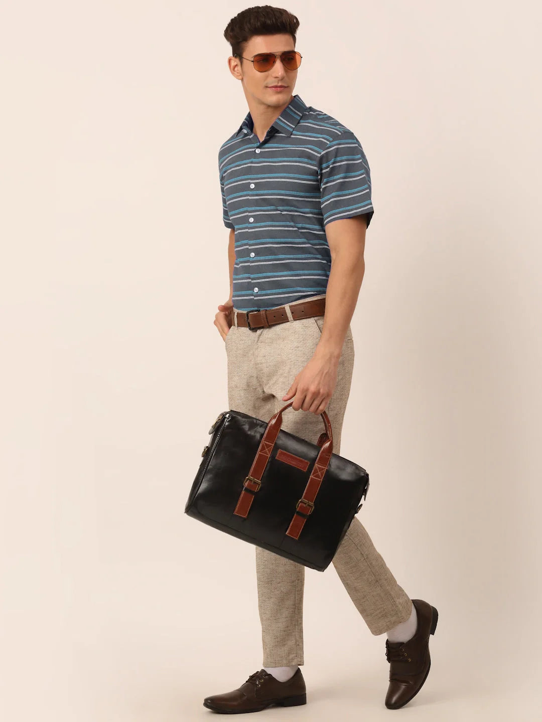 Grey Striped Cotton Shirt - Mens Formal Shirts Indian Needle