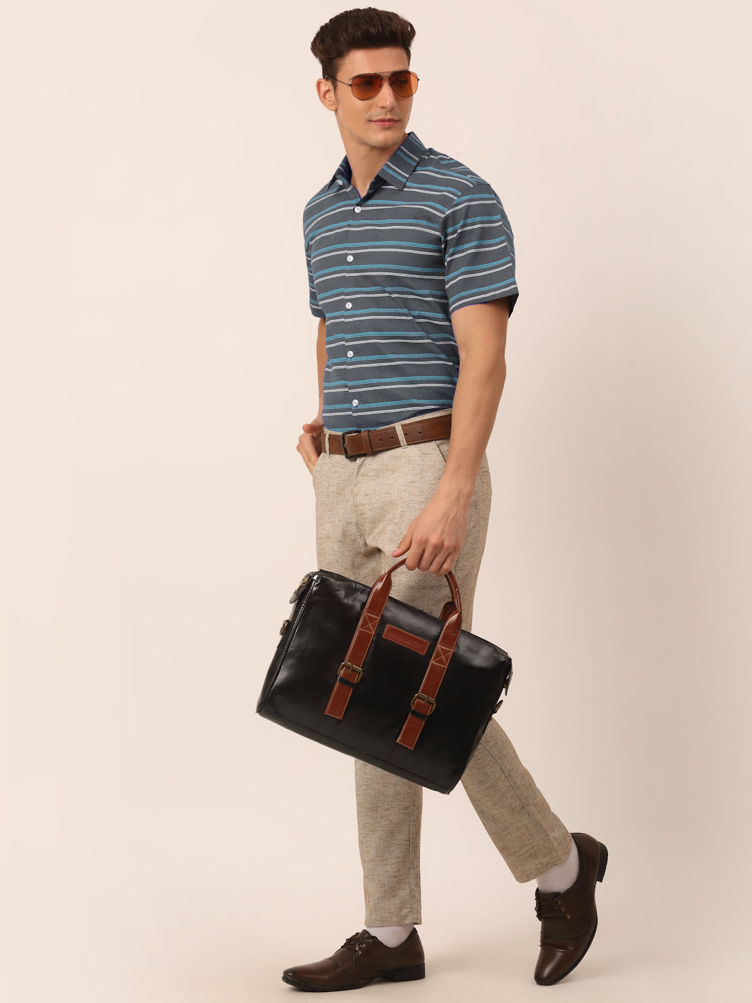 Grey Striped Cotton Shirt - Mens Formal Shirts Indian Needle