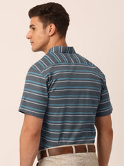 Indian Needle Men's Cotton Striped Half Sleeve Formal Shirts-SF-816Grey