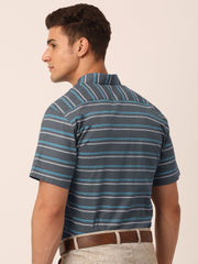 Indian Needle Men's Cotton Striped Half Sleeve Formal Shirts-SF-816Grey