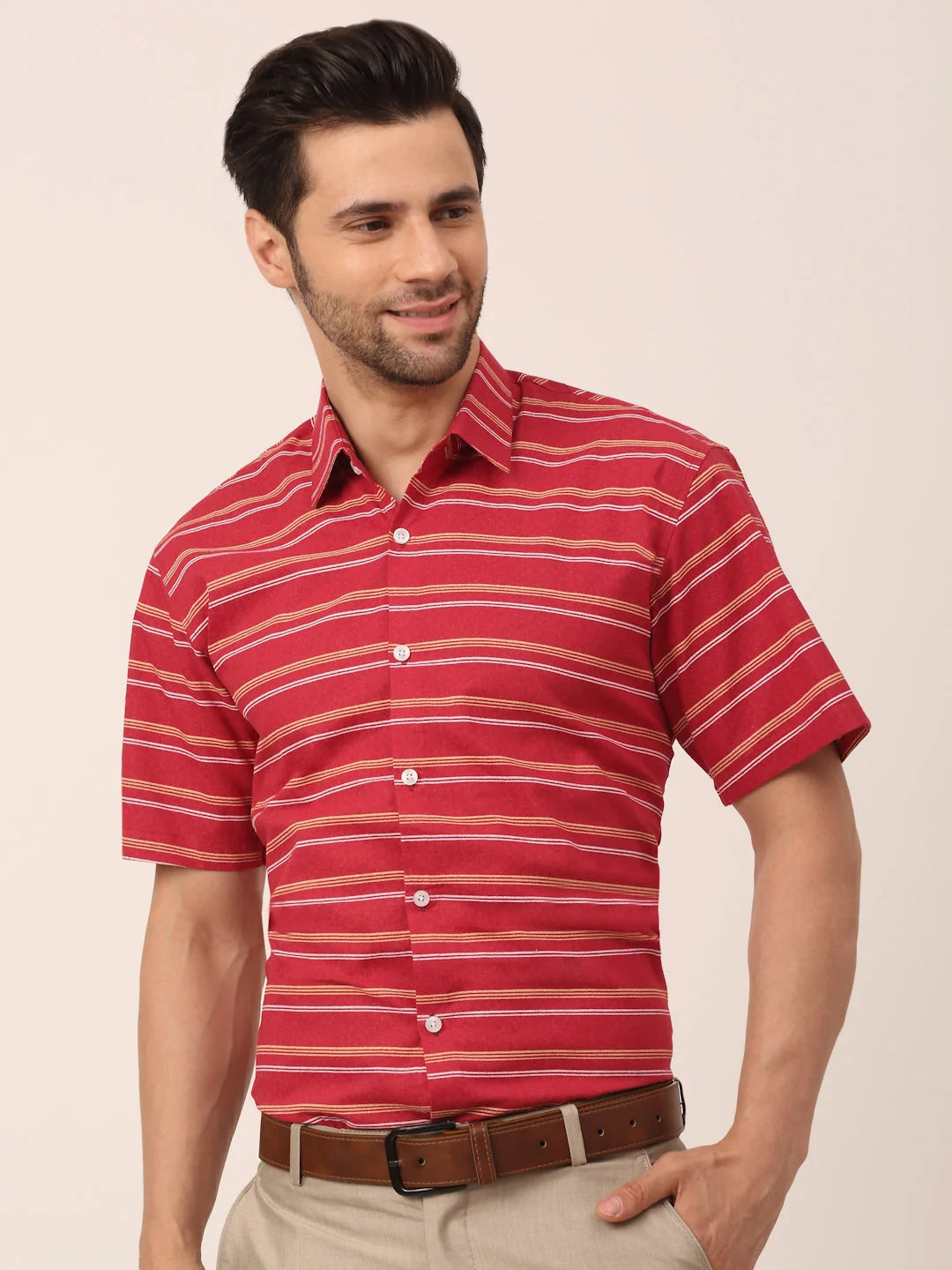 Indian Needle Men's Cotton Striped Half Sleeve Formal Shirts-SF-816Maroon