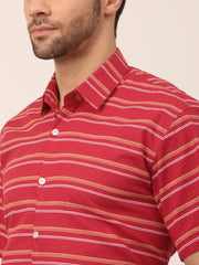 Indian Needle Men's Cotton Striped Half Sleeve Formal Shirts-SF-816Maroon