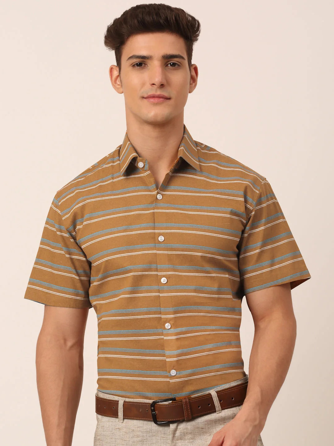 Mustard Striped Cotton Half Sleeve Formal Mens Shirt - Stylish