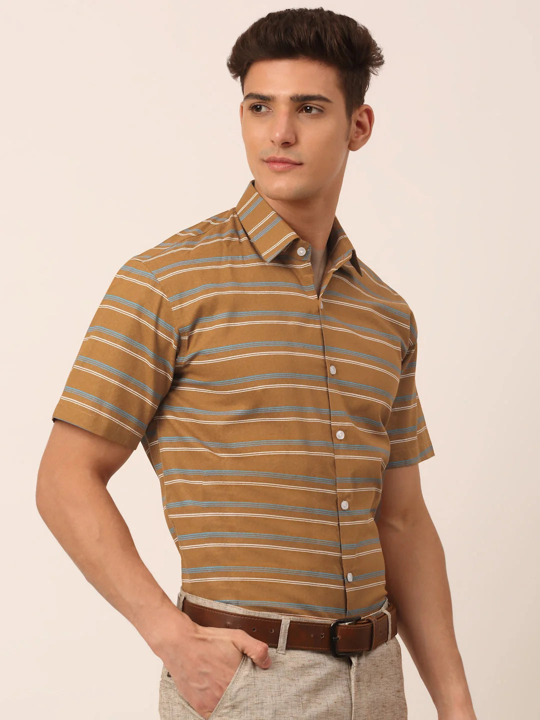 Mustard Striped Cotton Half Sleeve Formal Mens Shirt - Stylish