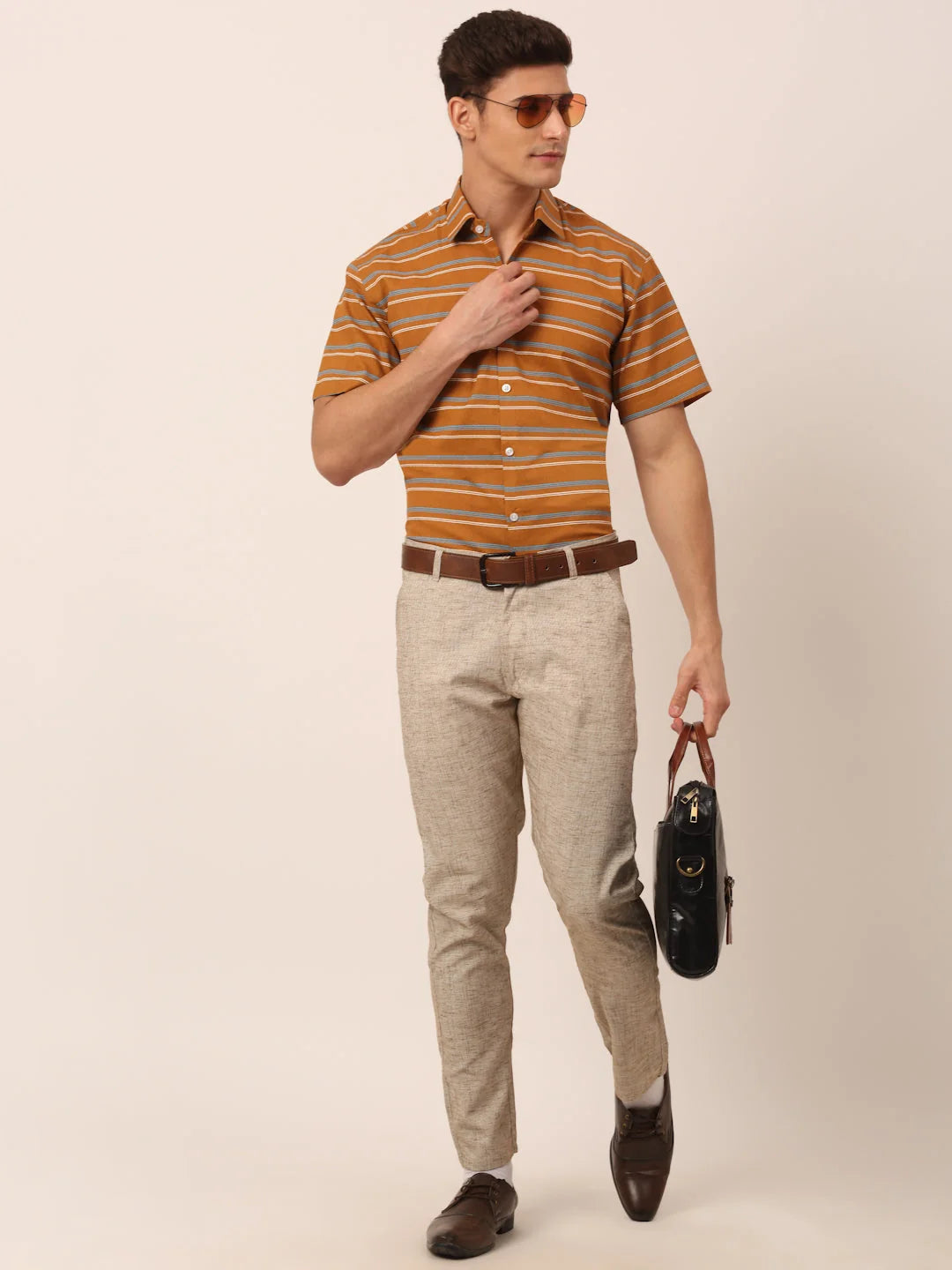 Mustard Striped Cotton Half Sleeve Formal Mens Shirt - Stylish