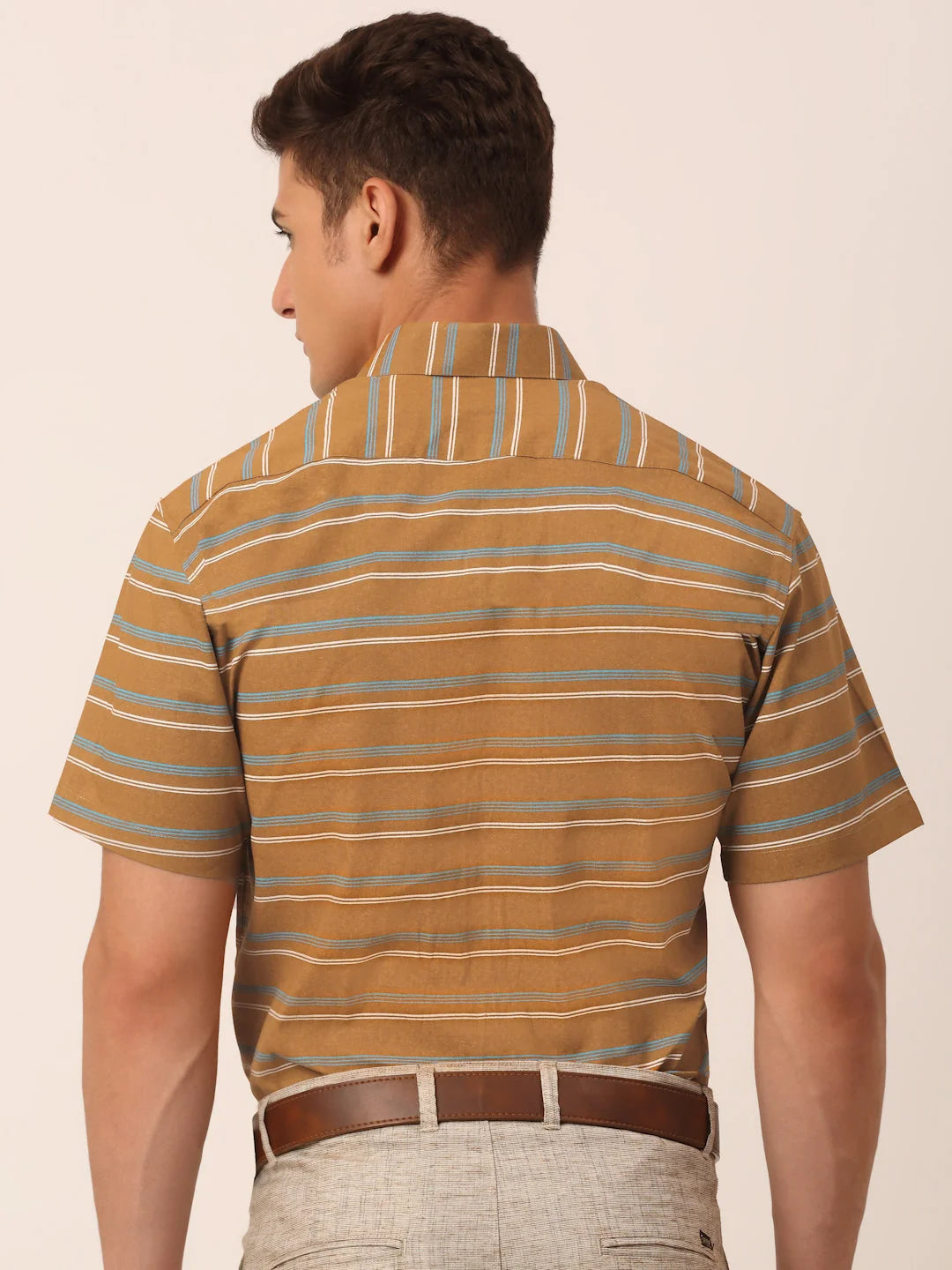 Mustard Striped Cotton Half Sleeve Formal Mens Shirt - Stylish