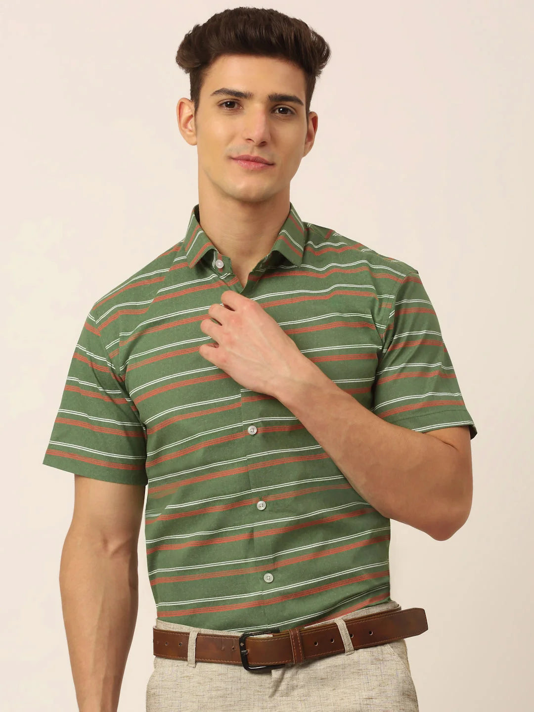 Olive Striped Cotton Half Sleeve Formal Mens Shirt - On Sale