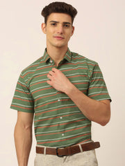 Indian Needle Men's Cotton Striped Half Sleeve Formal Shirts-SF-816Olive