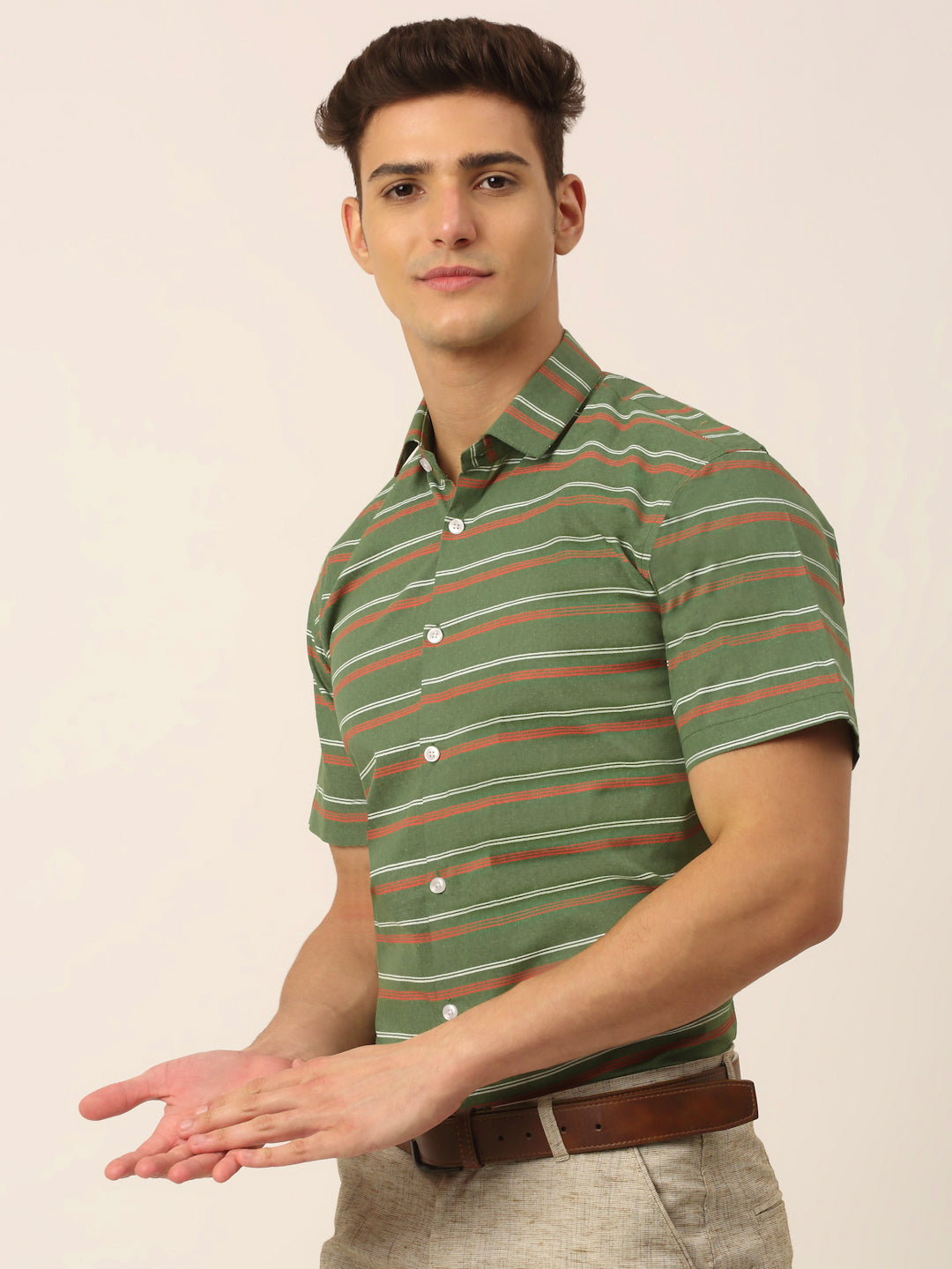 Olive Striped Cotton Half Sleeve Formal Mens Shirt - On Sale