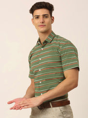 Indian Needle Men's Cotton Striped Half Sleeve Formal Shirts-SF-816Olive