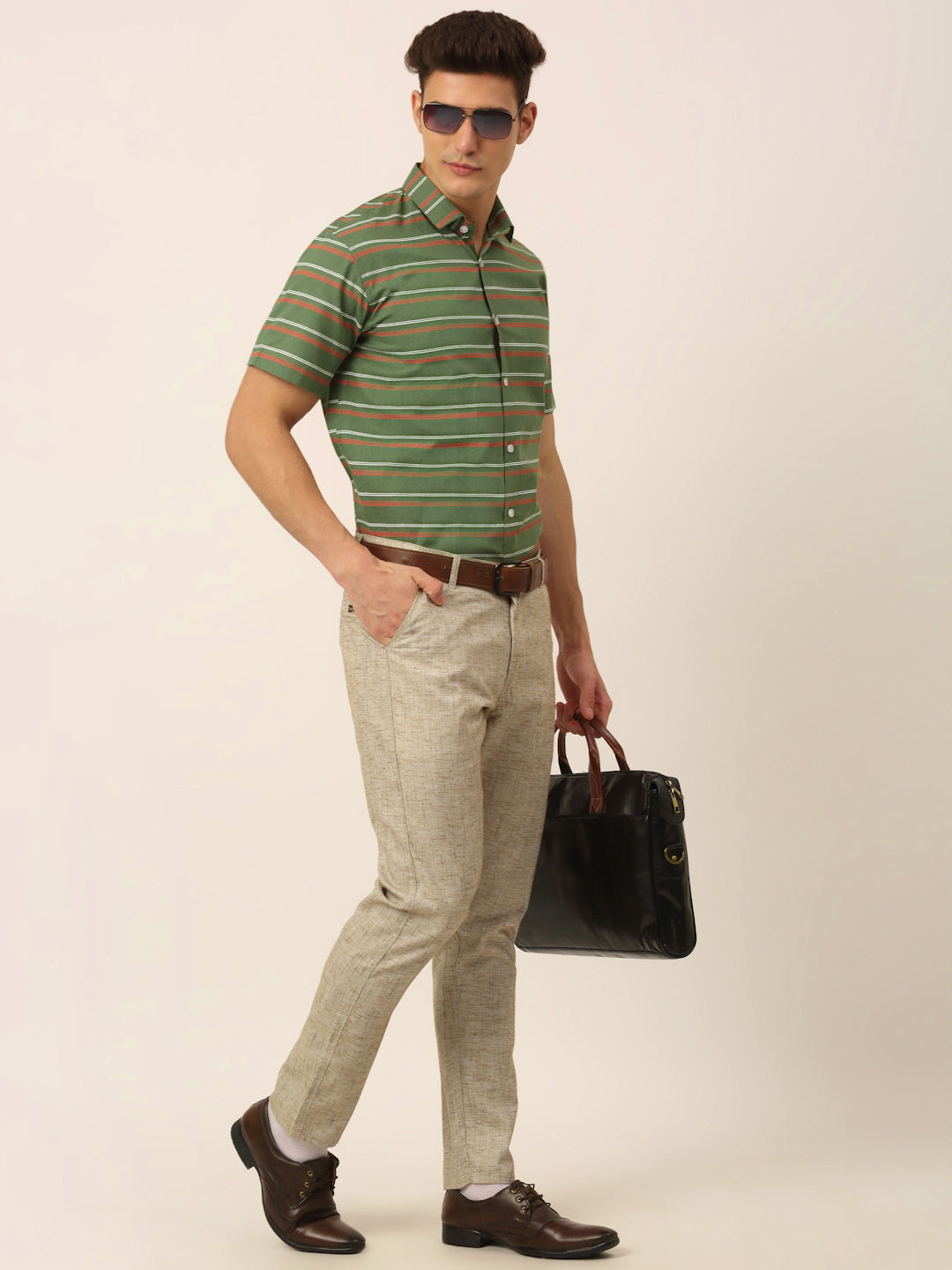 Olive Striped Cotton Half Sleeve Formal Mens Shirt - On Sale