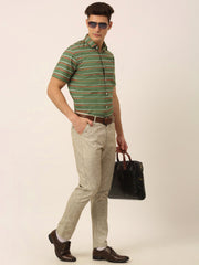 Indian Needle Men's Cotton Striped Half Sleeve Formal Shirts-SF-816Olive