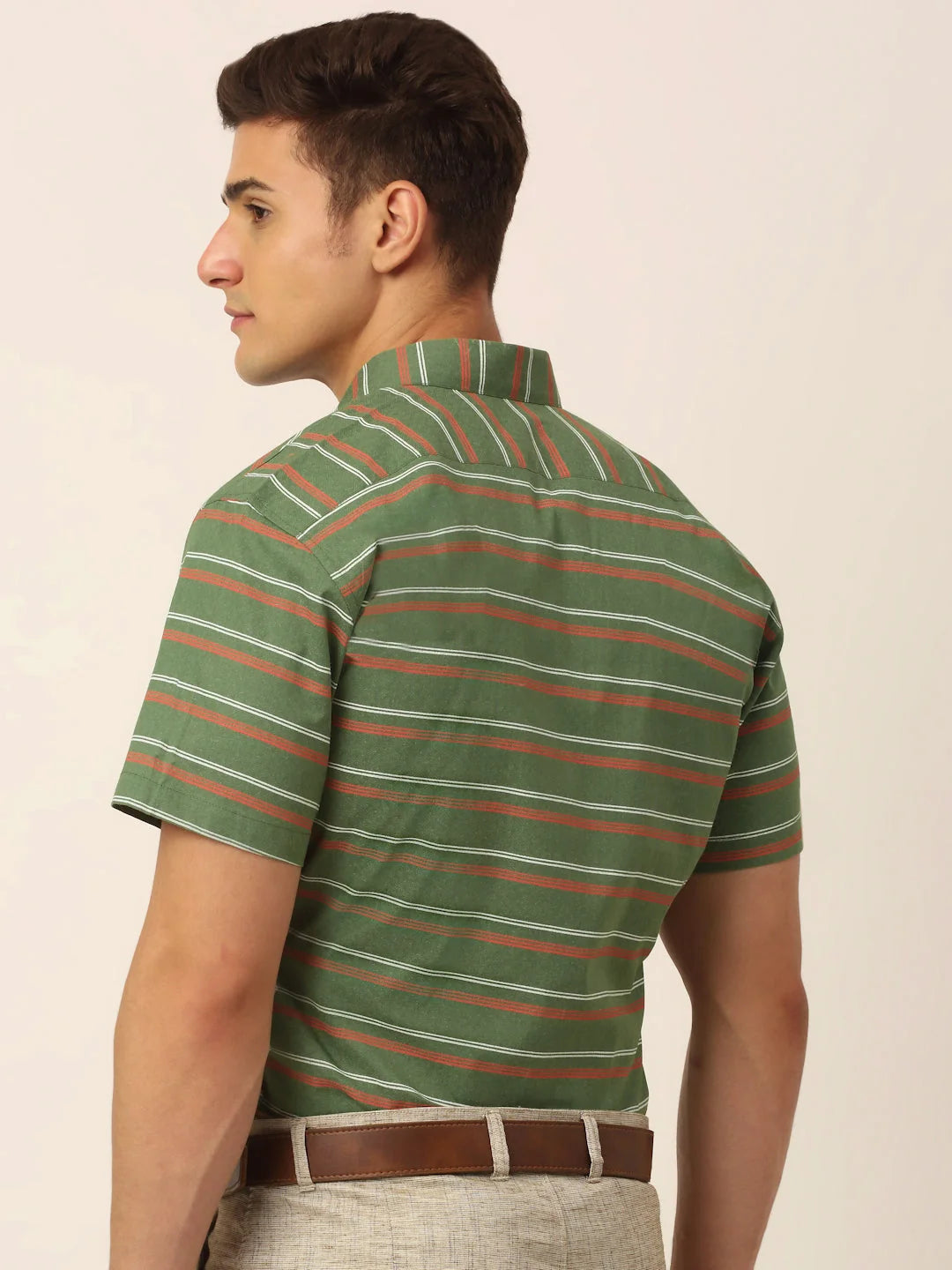 Olive Striped Cotton Half Sleeve Formal Mens Shirt - On Sale