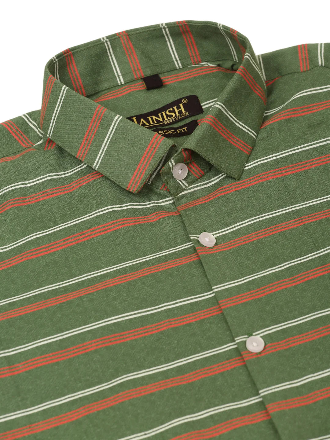Olive Striped Cotton Half Sleeve Formal Mens Shirt - On Sale