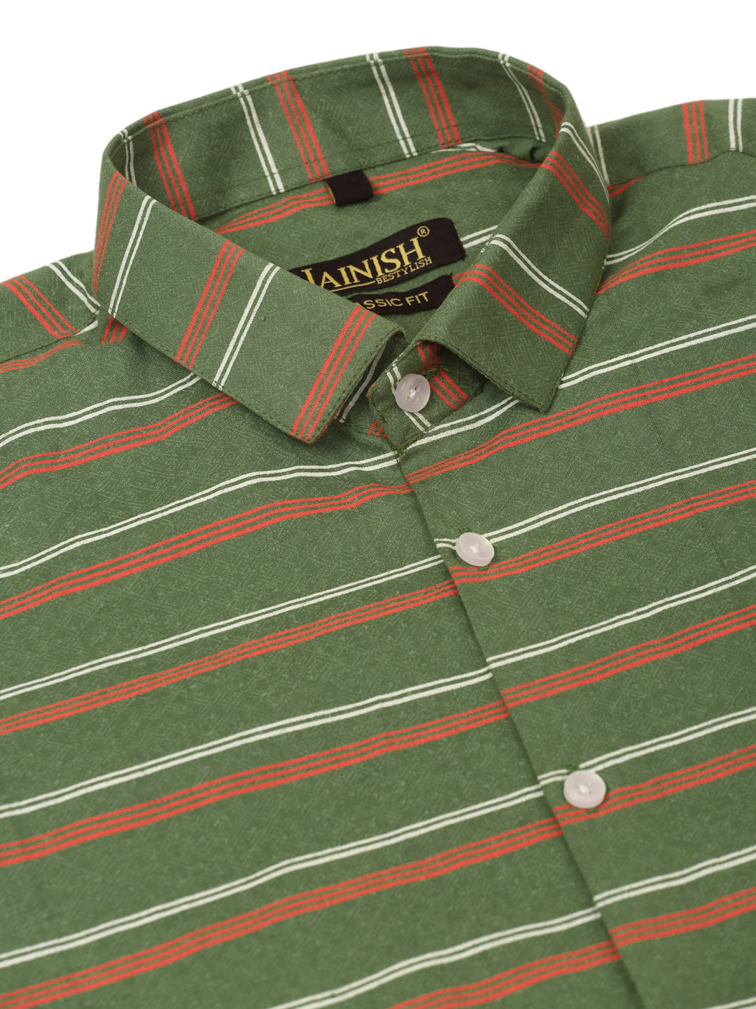 Olive Striped Cotton Half Sleeve Formal Mens Shirt - On Sale
