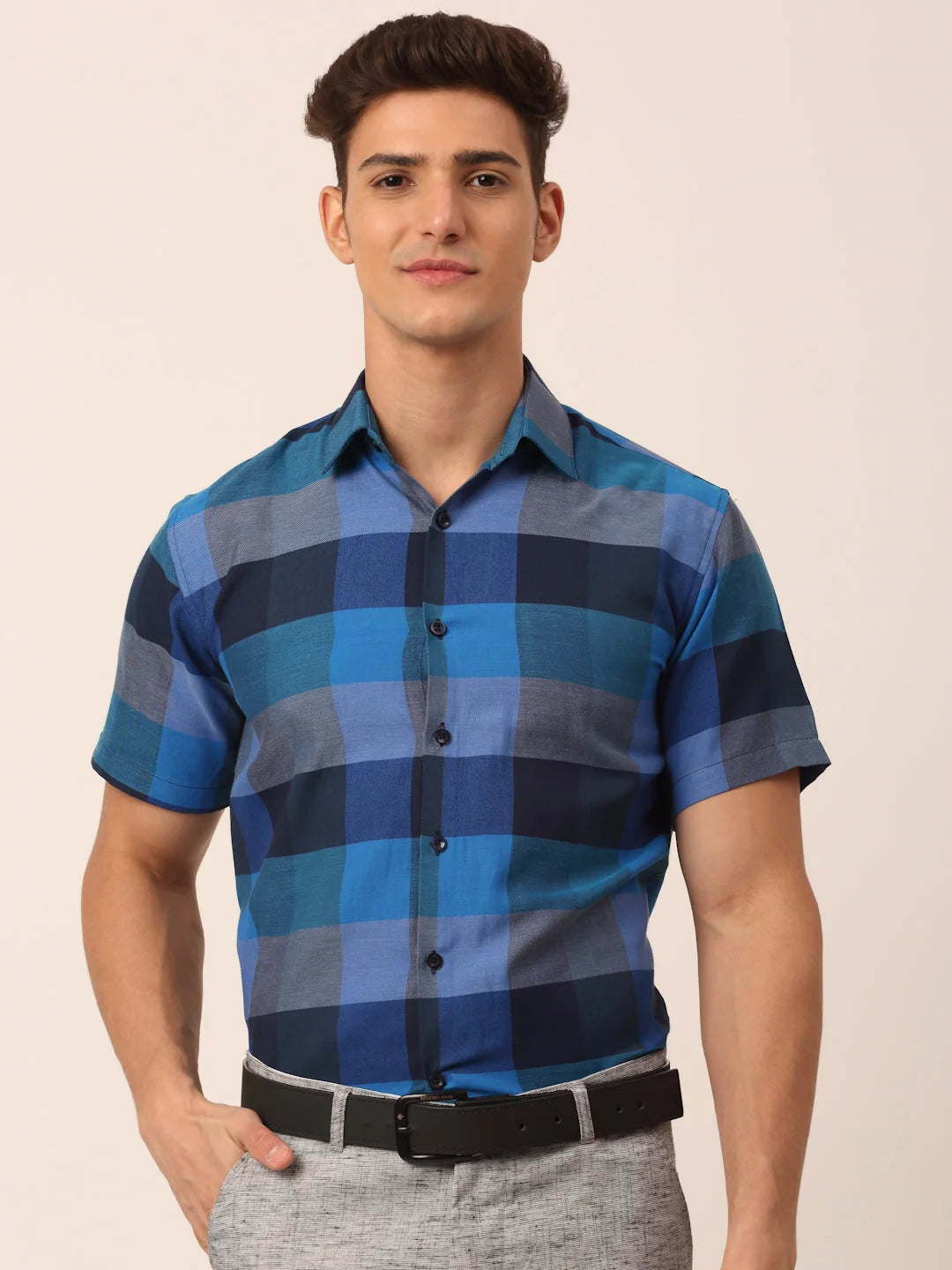 Blue Checked Cotton Half Sleeve Formal Mens Shirt - Indian Needle