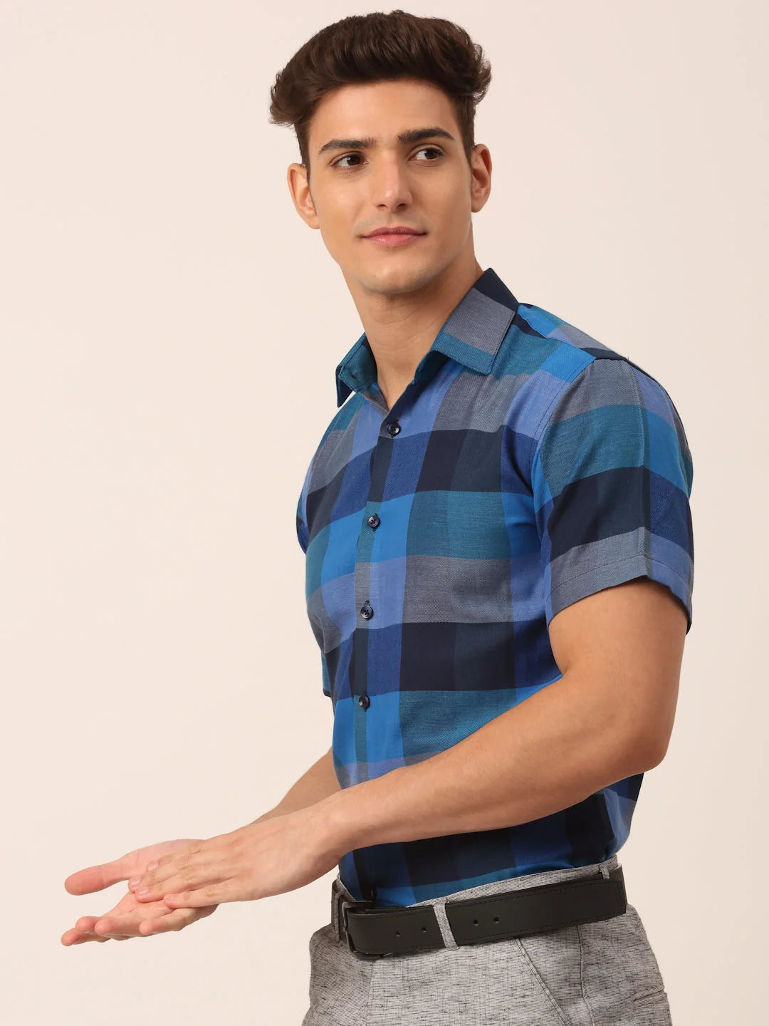 Blue Checked Cotton Half Sleeve Formal Mens Shirt - Indian Needle