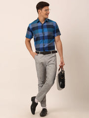 Indian Needle Men's Cotton Checked Half Sleeve Formal Shirts-SF-817Blue
