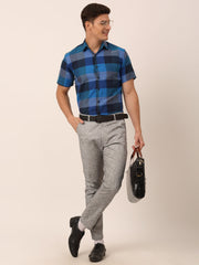 Indian Needle Men's Cotton Checked Half Sleeve Formal Shirts-SF-817Blue