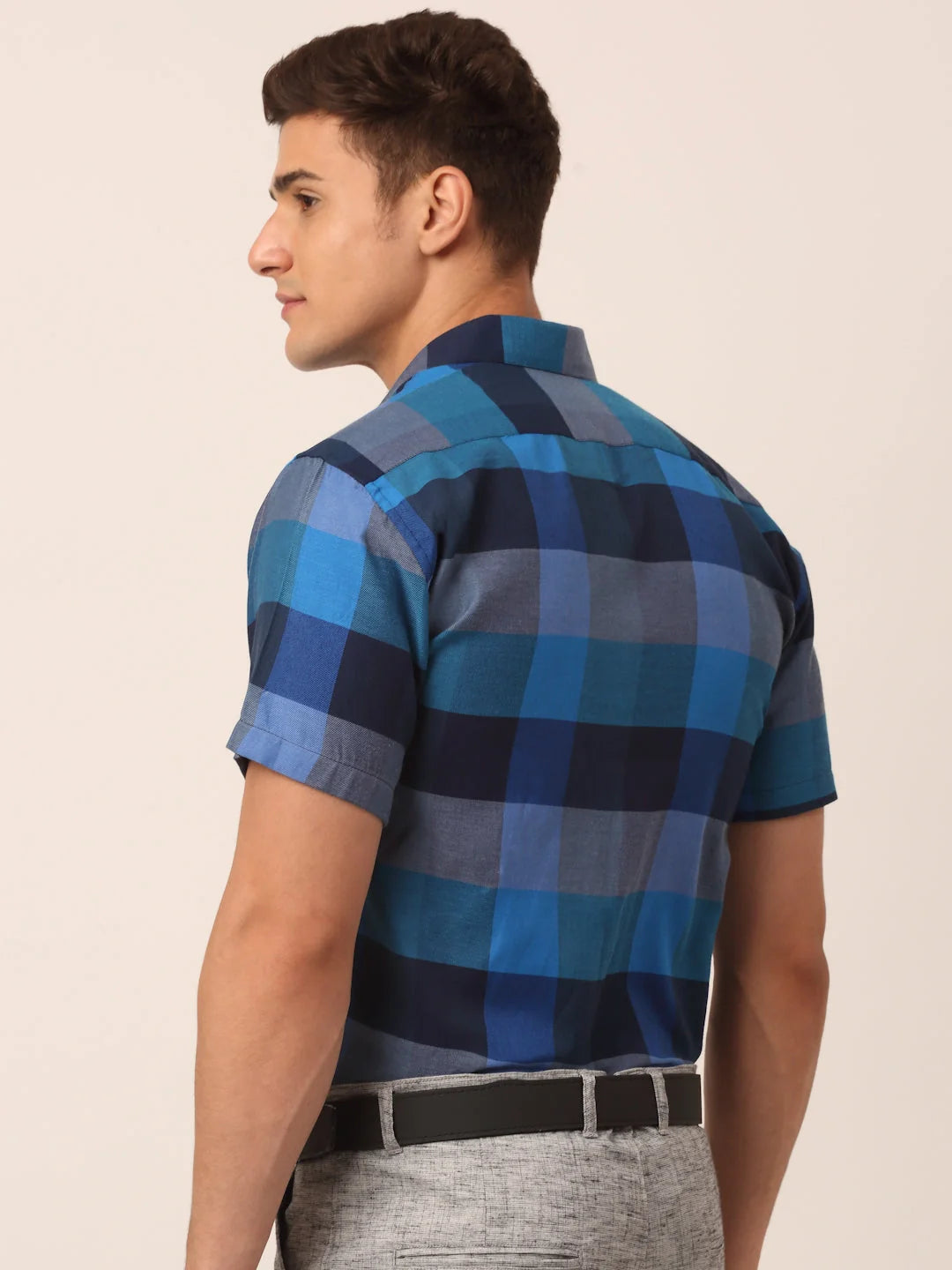 Blue Checked Cotton Half Sleeve Formal Mens Shirt - Indian Needle