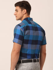 Indian Needle Men's Cotton Checked Half Sleeve Formal Shirts-SF-817Blue