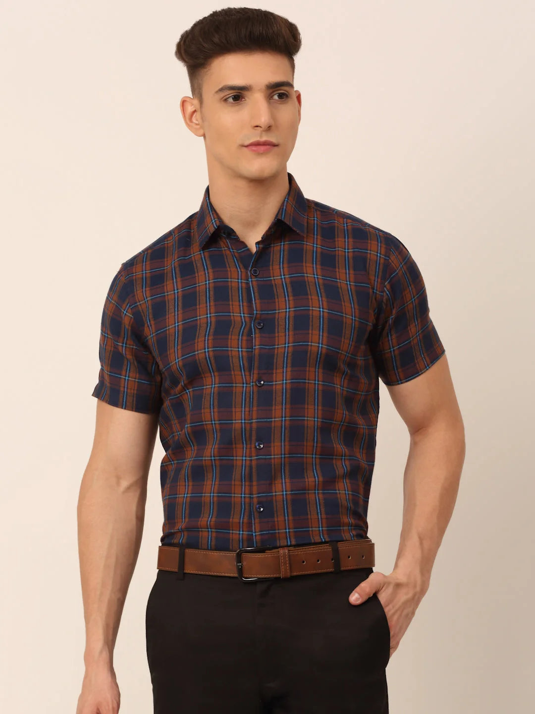 Mens Checked Cotton Half Sleeve Formal Shirt - Modern Style