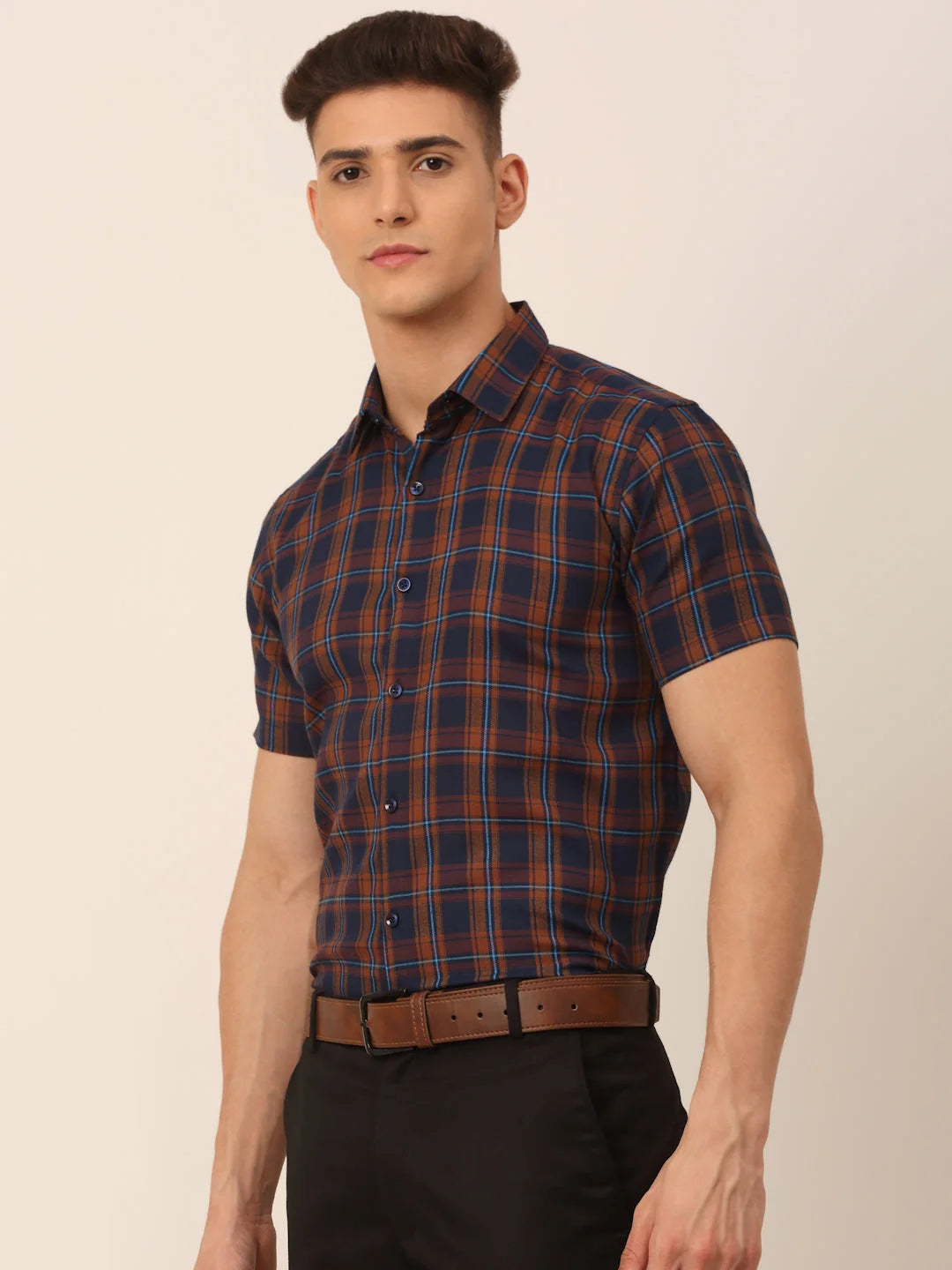 Mens Checked Cotton Half Sleeve Formal Shirt - Modern Style