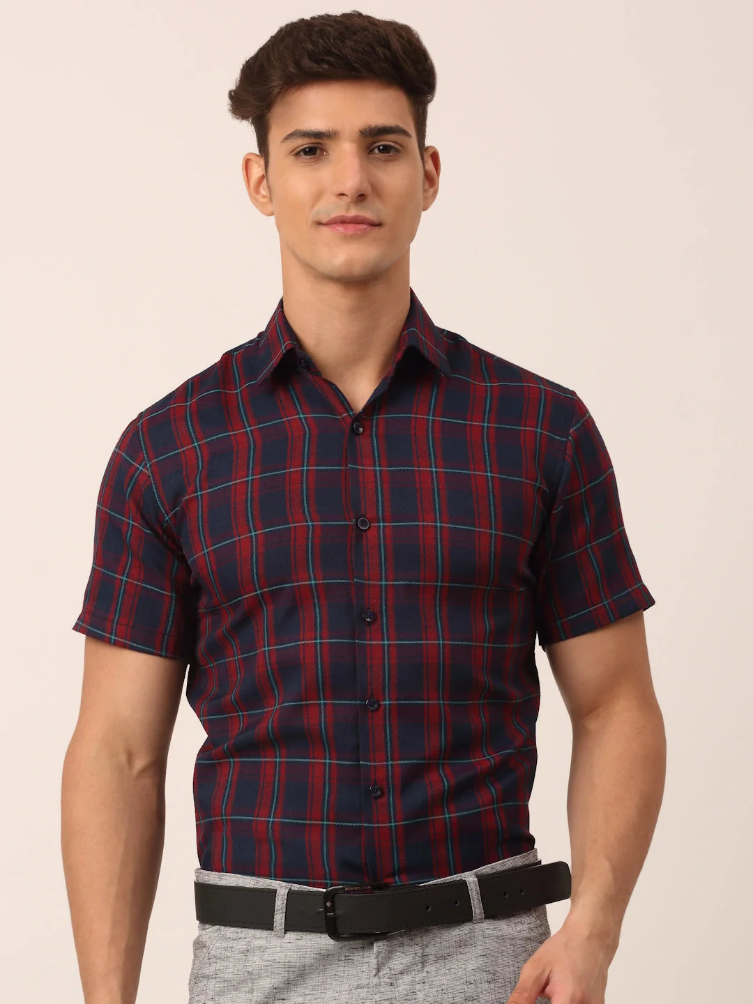 Red & Blue Checked Cotton Half Sleeve Formal Mens Shirt