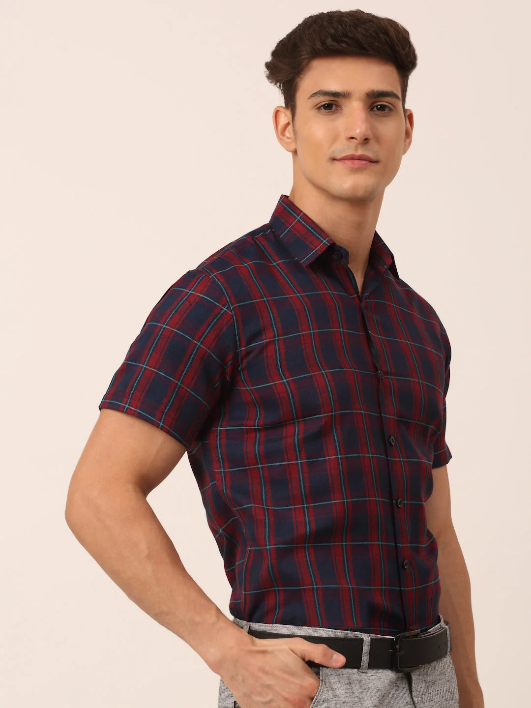 Red & Blue Checked Cotton Half Sleeve Formal Mens Shirt