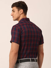 Indian Needle Men's Cotton Checked Half Sleeve Formal Shirts-SF-818Red-Blue