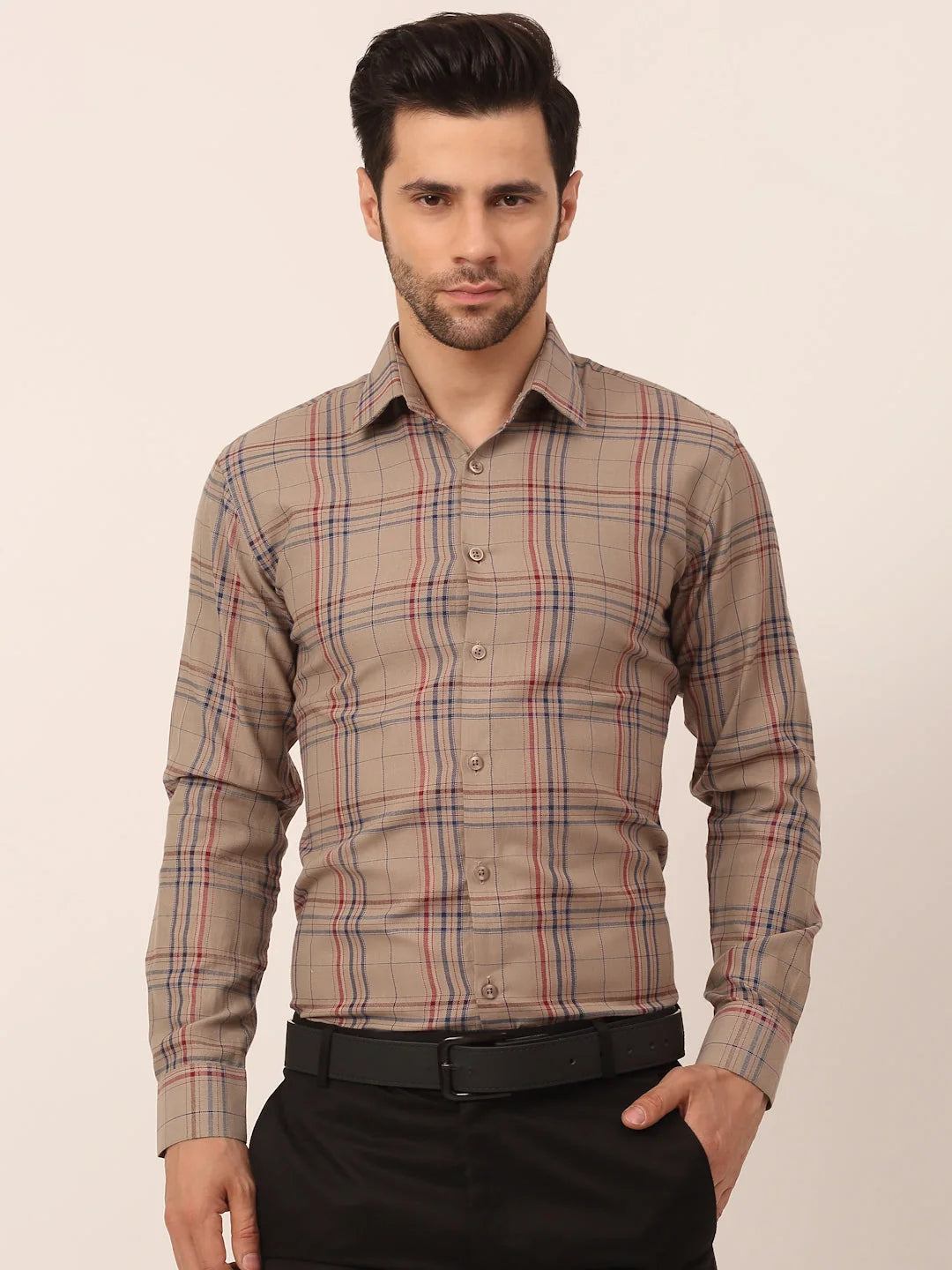 Brown Checked Cotton Formal Mens Shirt - Indian Needle
