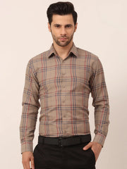 Indian Needle Men's Cotton Checked Formal Shirts-SF-819Brown