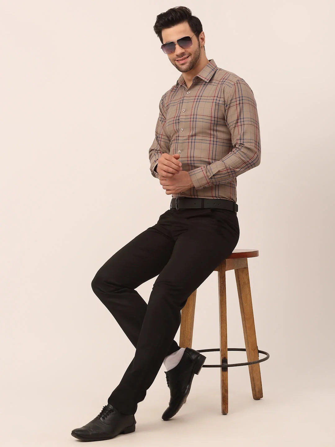 Brown Checked Cotton Formal Mens Shirt - Indian Needle