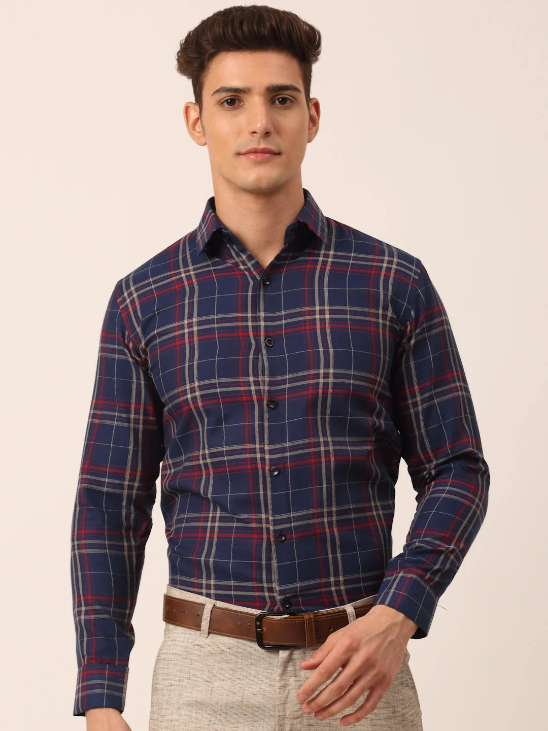 Indian Needle Men's Cotton Checked Formal Shirts-SF-819Navy