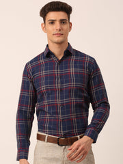 Indian Needle Men's Cotton Checked Formal Shirts-SF-819Navy
