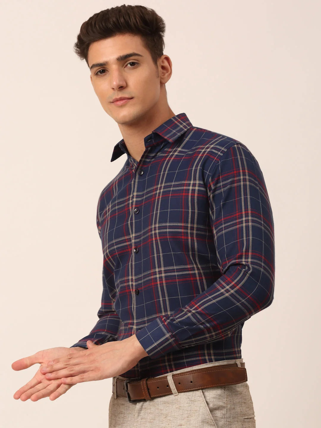 Navy Checked Formal Shirts - Mens Cotton Shirt | Indian Needle