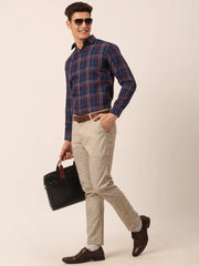 Indian Needle Men's Cotton Checked Formal Shirts-SF-819Navy