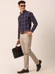 Indian Needle Men's Cotton Checked Formal Shirts-SF-819Navy